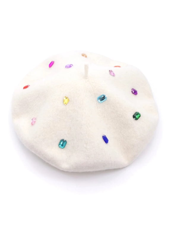 Women Vintage Beret Hat with Rhinestone Decorations,Wool French Hat Lady Winter Luxury Rhinestone Perfect for Autumn and Winter Fashion