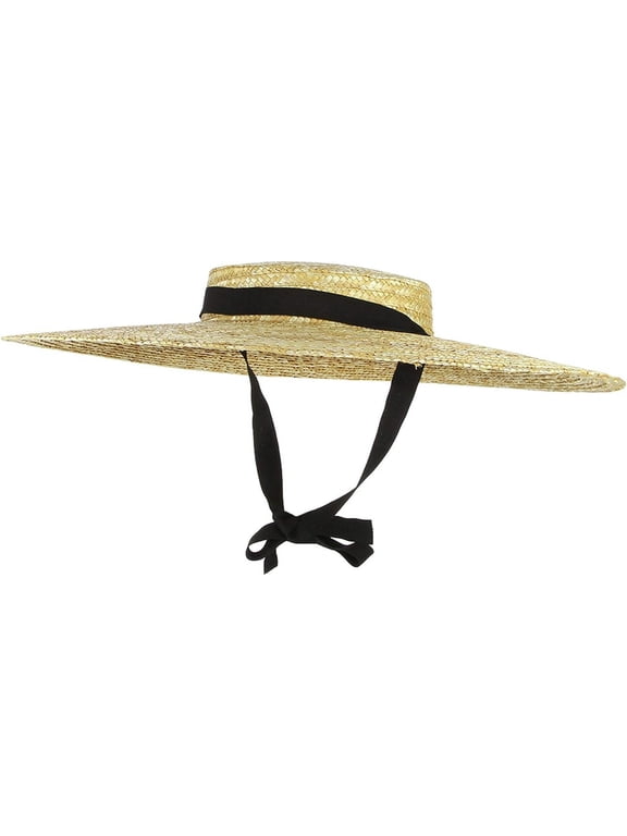 Women Vintage Boater Straw Hat Wide Brim Flat Top Floppy Derby Beach Sun Beige