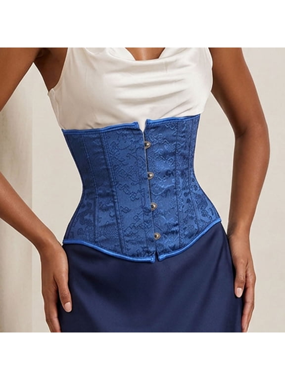 Women Vintage Brocade Waist Cincher Front Metal Hook Closure Boned Waist Trainer Corset Belt for Body Shaping Blue XL