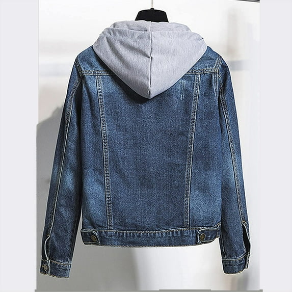 Women Vintage Button Down Distressed Short Denim Jean Jacket Coat With Pocket