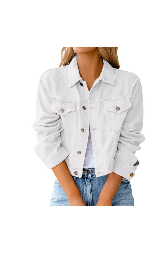 Women Vintage Button Down Distressed Short Denim Jean Jacket Coat With Pocket