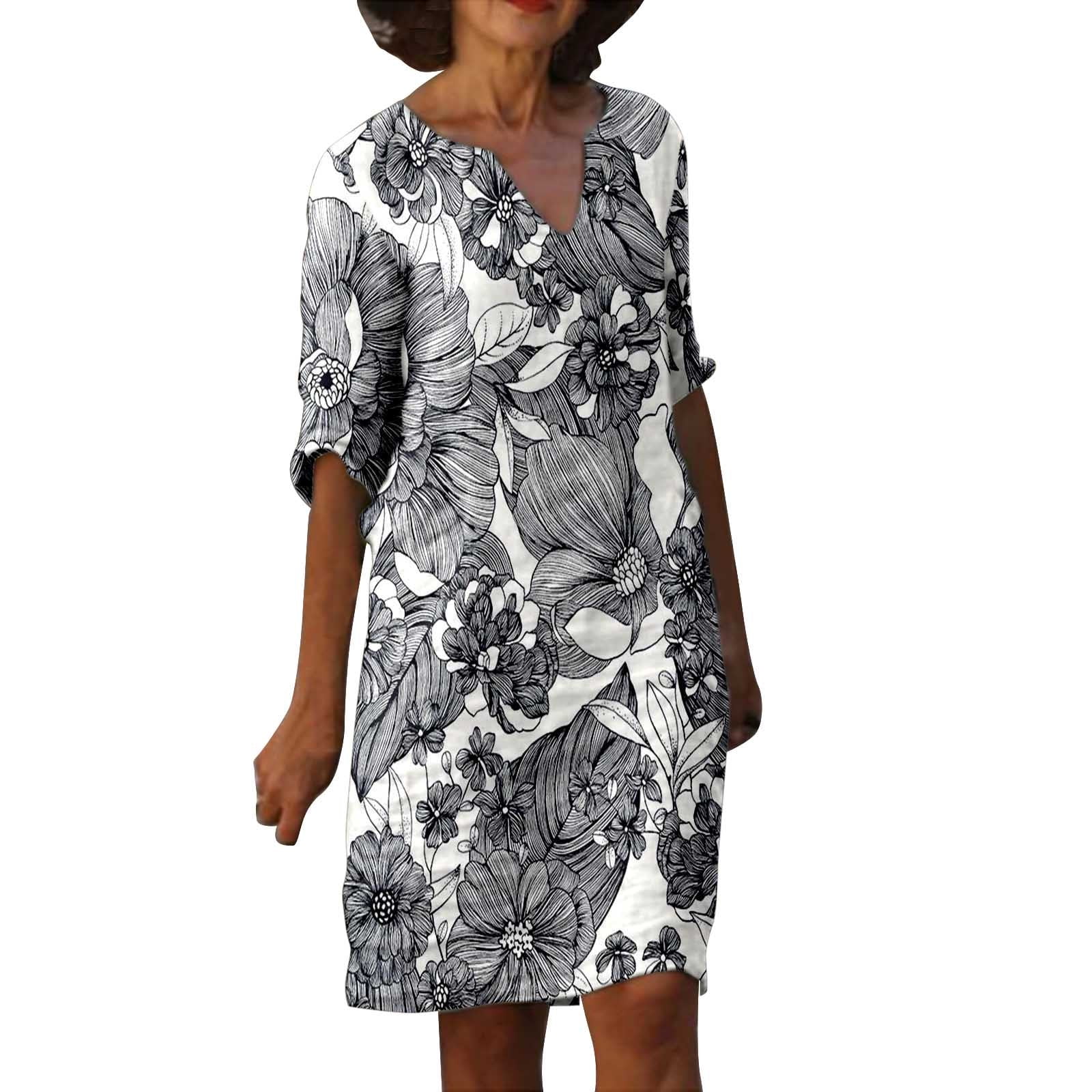 Women Vintage Casual Flower Print V Neck Dress Cotton Linen Mid Length Long  Sleeve Graceful Dress 