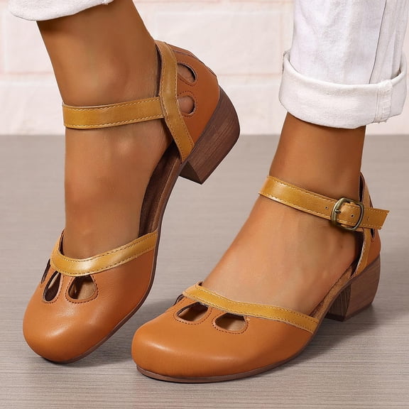 Women Vintage Chunky High Heel Shoes Round Closed Toe Strap Buckle Dress Sandals Pumps
