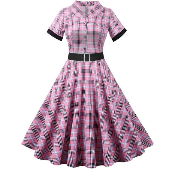 Women Vintage Cocktail Swing Plaid Dress with Belt 50s 60s Lapel Collar Button Up Short Sleeve Party Midi Dress