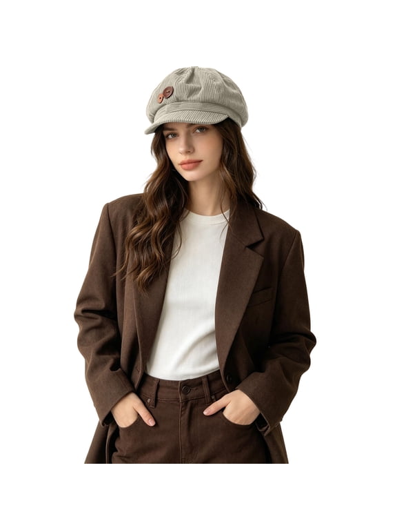Women Vintage Corduroy Cap Two Buttons Decor Soft Elastic Baker Boy Beret Hat Retro Cabbie Painter Cap for Fall Winter Daily Streetwear Beige Free Size(Free Size)