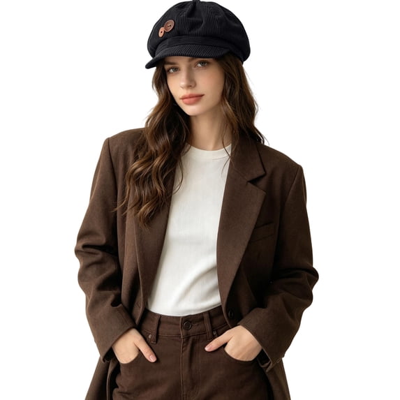 Women Vintage Corduroy Cap Two Buttons Decor Soft Elastic Baker Boy Beret Hat Retro Cabbie Painter Cap for Fall Winter Daily Streetwear Black Free Size(Free Size)