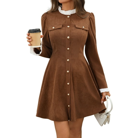 Women Vintage Corduroy Dress Ruffled Trim Crew Neck Long Sleeve A-Line Midi Dress Button Jumper Fall Outfit Brown S