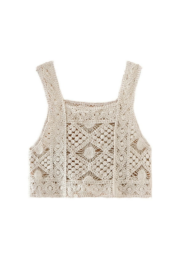 Women Vintage Crochet Camis Vest Boho Hollow Out Floral Knit Sleeveless Crop Top
