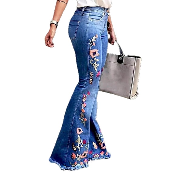 Women Vintage Dark Blue Floral Embroidery Jeans, Mid High Waist Extended Floor-Length Flared Pants All Seasons
