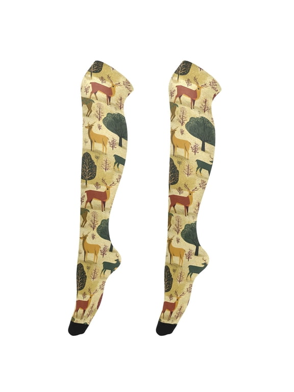 Women Vintage Deers Tree Pattern Over Knee Thigh High Socks