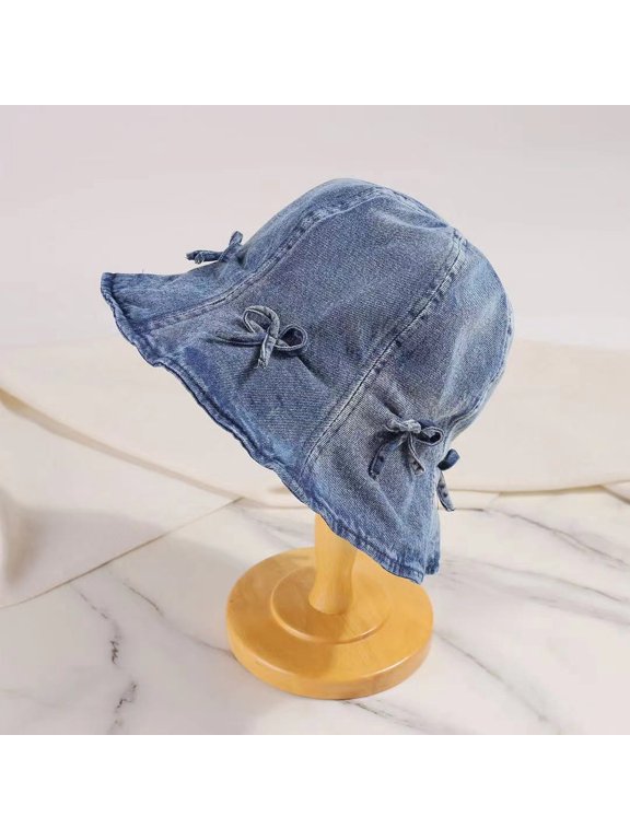 Women Vintage Denim Bucket Hat Bow Wide Brim Foldable Sun Hat Summer