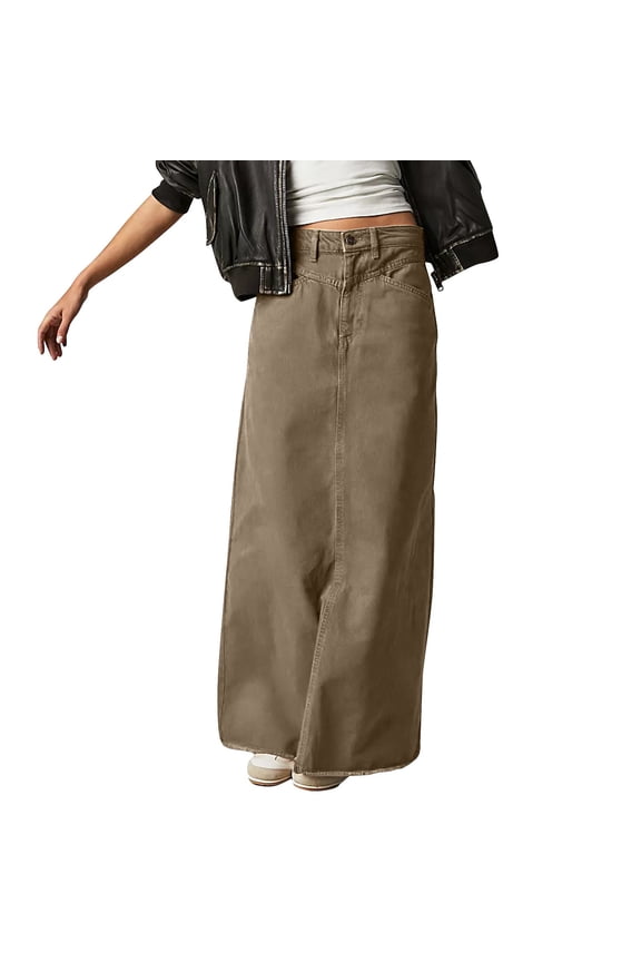 Women Vintage Denim Maxi Skirt Frayed Raw Hem High Waist A-Line Long Jean Skirt Button Down Casual Daily Wear Long Skirts Summer Loose Fit Versatile All-Match Style Clothing For Ladies