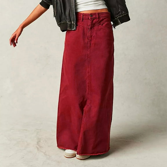 Women Vintage Denim Maxi Skirt Hem High Waist A Line Long Jean Skirt Beach Skirts for Women Belly Fringe Skirt Trendy Skirts Sequin Skirt for Women High Waist Skirt Skirted Toilet plus Size Skater