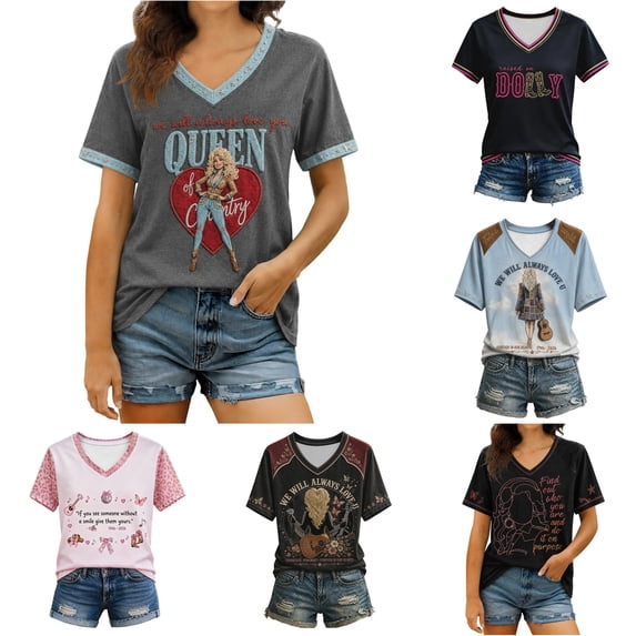 Women Vintage Dolly Shirt, Parton Memorial T-Shirt, Country Legend Tee, V Neck Tshirt Top Stylish Graphic Tees, Casual Loose Fit T Shirts,S