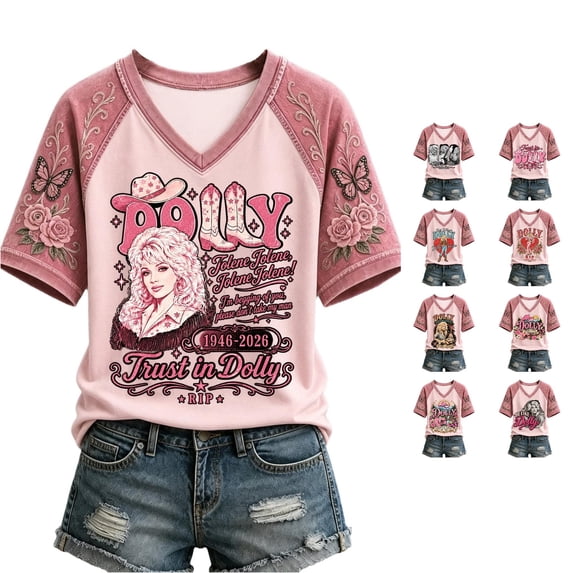Women Vintage Dolly Shirt Parton Memorial T-Shirt Country Music Shirt Tops for Music Lovers Fashion T Shirts Women's V-Neck Graphic Tees,M