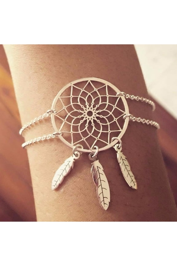 Women Vintage Double Layer Feather Tassel Dream Catcher Lucky Chain Bracelet