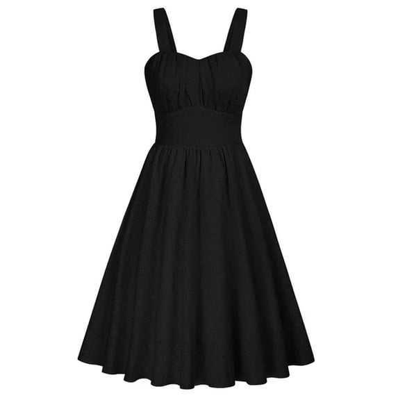 Women Vintage Dress Two-Way Defined Waist Dress Summer Ruched Bodice Flared A-Line Dress Hollow Breathable Sundress-Black-M