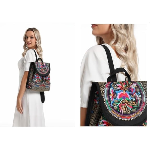 Women Vintage Embroidery Ethnic- Backpack- Flower Shoulder Bag Purse,Fashion Handbag Small Drawstring Casual Travel Daypack (Embroidered Backpack)