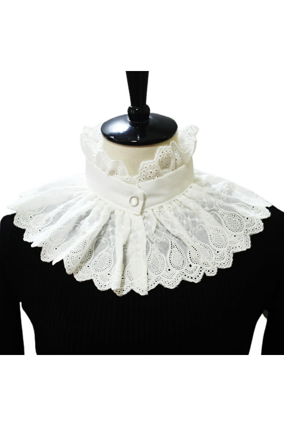 Women Vintage Embroidery Paisley Big Shawl Ruffled Stand Fake Collar Victorian Steampunk White Scarf Half Shirt Capelet