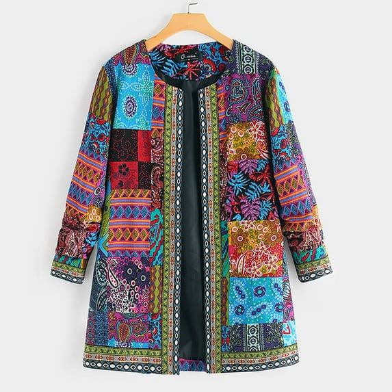 Women Vintage Ethnic Floral Print Long Sleeve Plus Size Cotton Jacket Coat with Random Pattern, in Blue, Size L