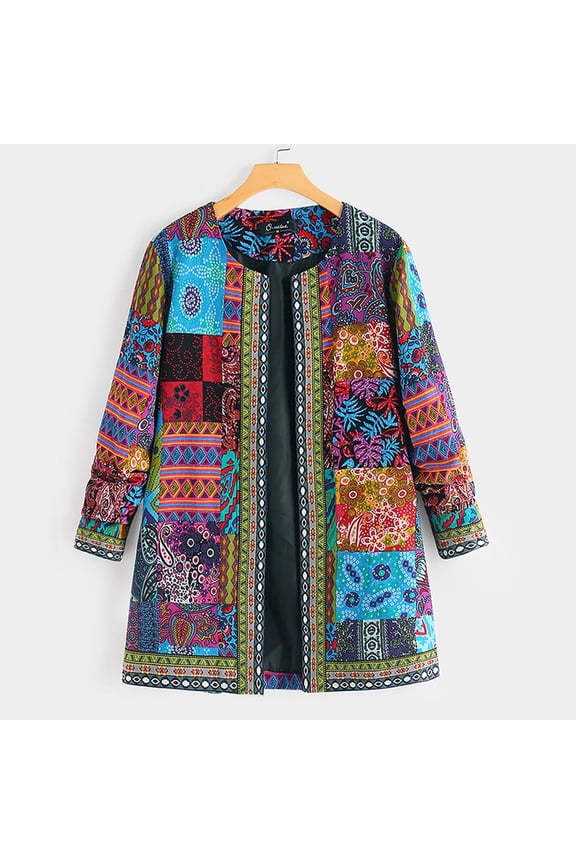 Women Vintage Ethnic Floral Print Long Sleeve Plus Size Cotton Jacket Coat with Random Pattern, in Blue, Size XXL