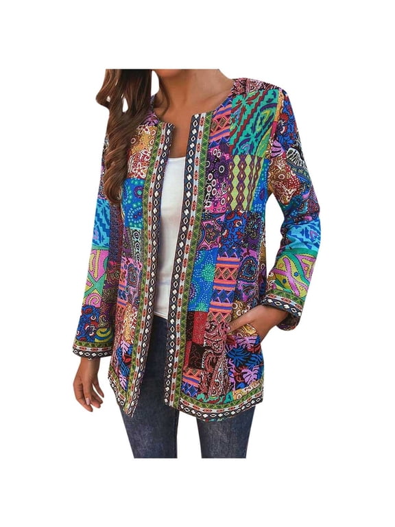 Women Vintage Ethnic Style Floral Print Long Sleeve Plus Size Cotton Jacket Coat Light Sweaters Women Long Sleeve Cardigan for Women Tan Cardigan Button Long Cardigans for Women Cable Knit Letter