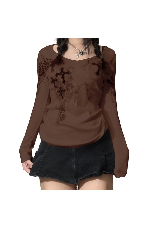 Women Vintage Fairy Grunge Y2K Long Sleeve Shirt Slim Fit Cross Printed Gothic Hoodies Aesthetic Tunic Tops