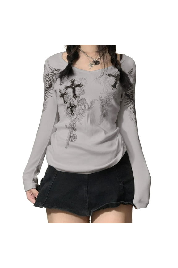 Women Vintage Fairy Grunge Y2K Long Sleeve Shirt Slim Fit Cross Printed Gothic Hoodies Aesthetic Tunic Tops