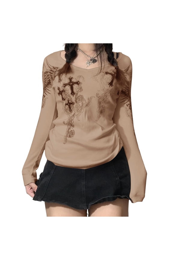 Women Vintage Fairy Grunge Y2K Long Sleeve Shirt Slim Fit Cross Printed Gothic Hoodies Aesthetic Tunic Tops