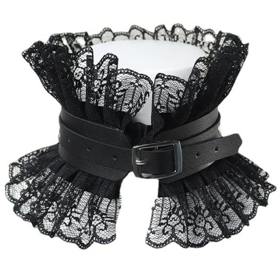 Women Vintage Fake Collar Gothic Black Faux Leather Ruffled Floral Lace Choker Necklace Victorian Lolita Neck Ruff