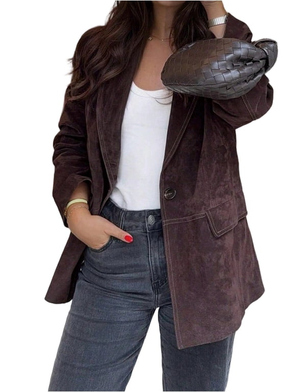 Women Vintage Faux Suede Blazer Casual Brown Long Sleeve Open Front Lapel Blazer Jackets Work Suits with Pockets L