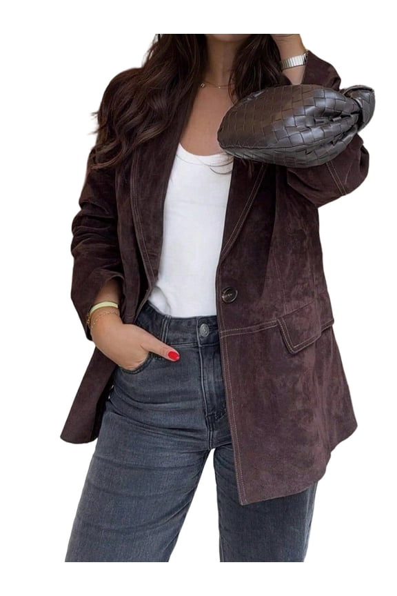 Women Vintage Faux Suede Blazer Casual Brown Long Sleeve Open Front Lapel Blazer Jackets Work Suits with Pockets M