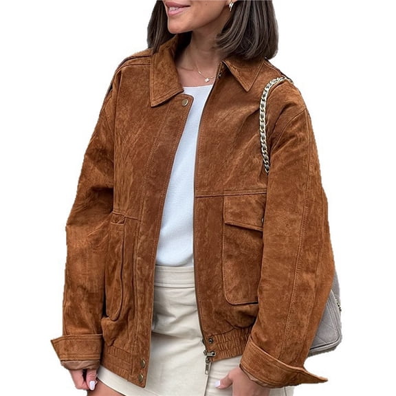Women Vintage Faux Suede Jacket Zip Up Bombers Jacket Lapel Collar Cropped Biker Moto Jacket Coat Brown L