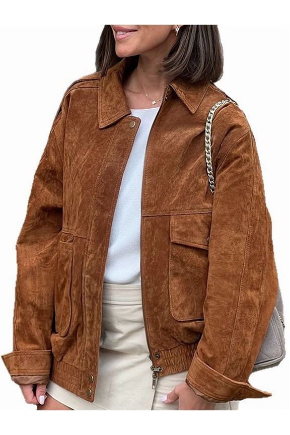 Women Vintage Faux Suede Jacket Zip Up Bombers Jacket Lapel Collar Cropped Biker Moto Jacket Coat Brown M