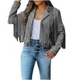 thumbnail image 1 of Women Vintage Faux Suede Tassel Cropped Jacket Long Sleeve Fringe Leather Coat Hippie Motorcycle Biker Jackets Tops, 1 of 9