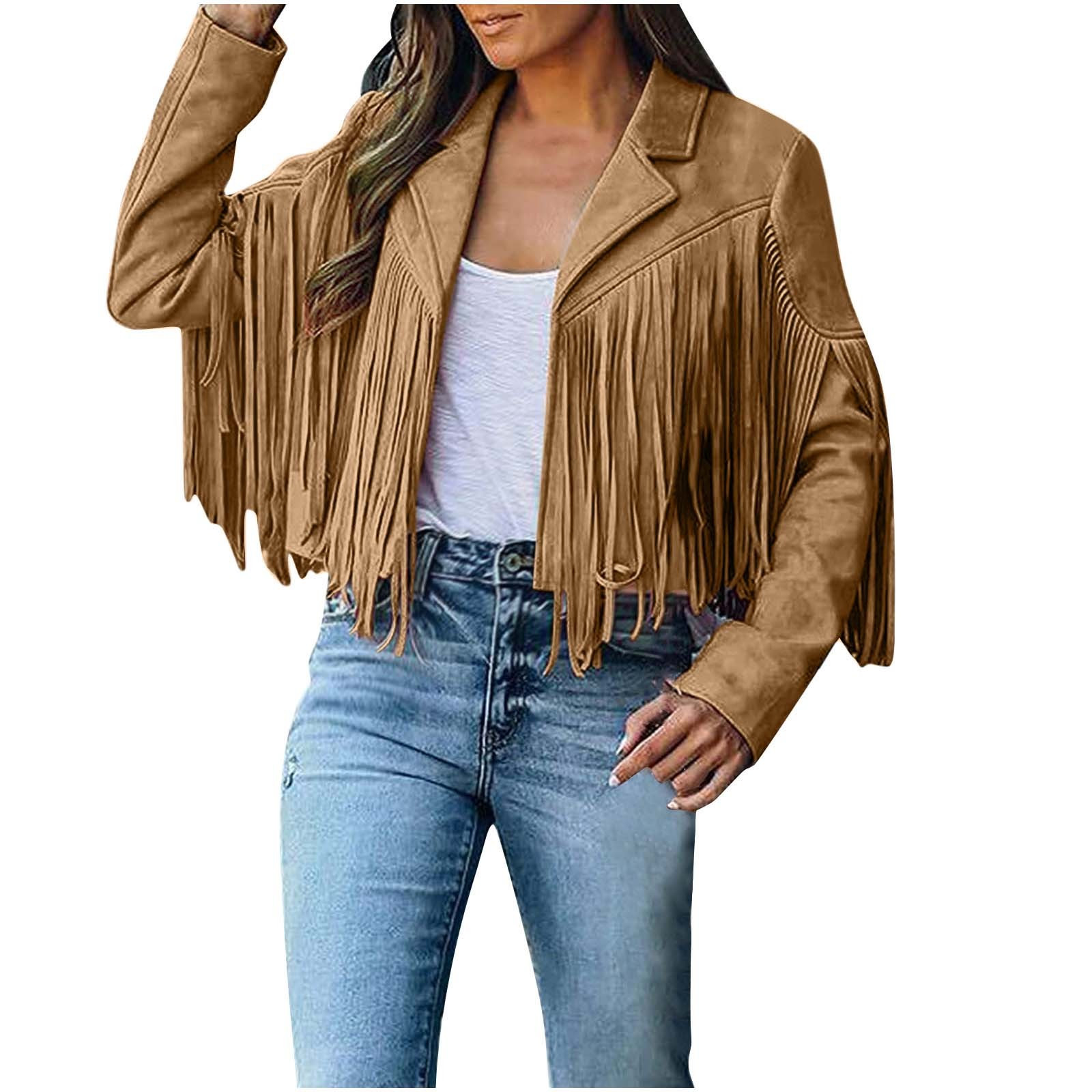 Women Vintage Faux Suede Tassel Cropped Jacket Long Sleeve Fringe Leather Coat Hippie Motorcycle Biker Jackets Tops - image 1 of 9