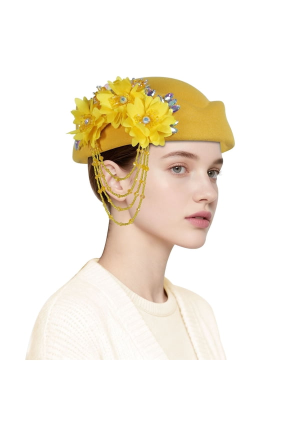Women Vintage Felt Beret Hat Floral Derby Church Headwrap Style Cap