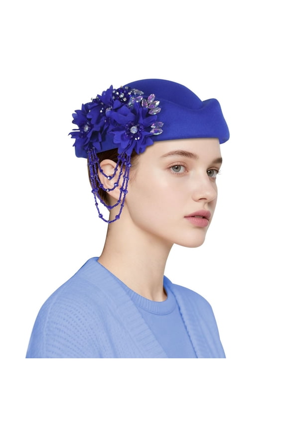 Women Vintage Felt Beret Hat Floral Derby Church Headwrap Style Cap