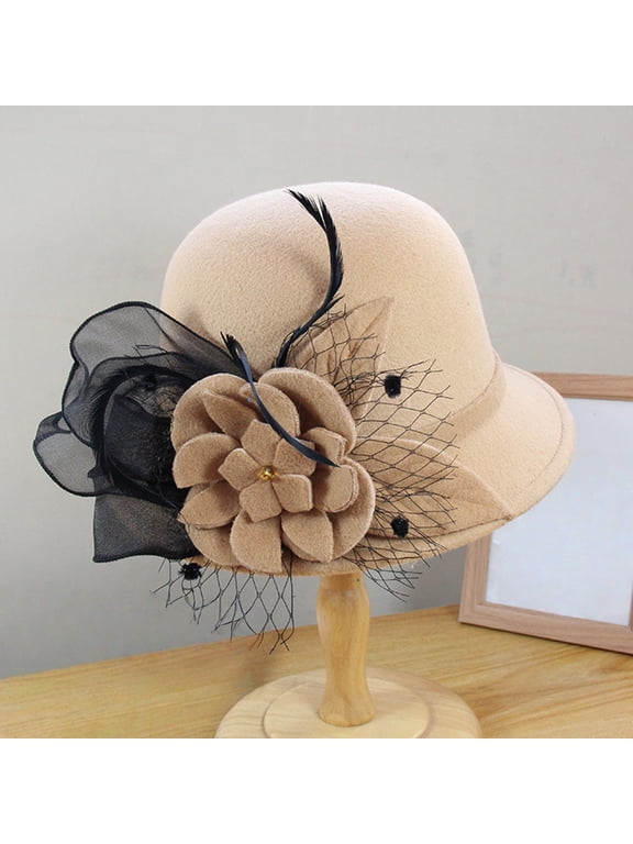 Women Vintage Felt Bucket Hat AURORADY Stylish Fisherman's Hat Autumn and Winter Elegant Net Fabric Flower Round Top Bucket Hat, Khaki One Size Bucket Hats