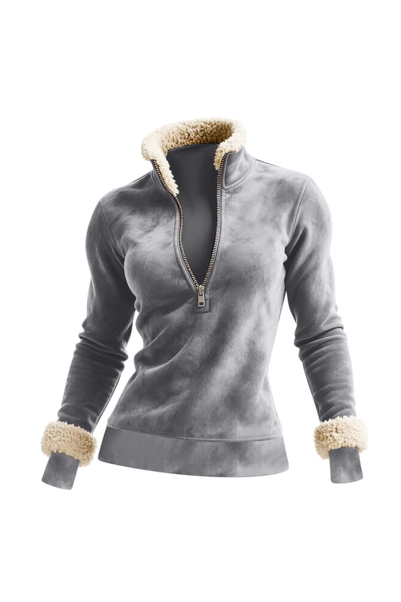 Women Vintage Fleece Sweatshirt Long Sleeve Half zip Stand Up Collar Plush Pullover Hoodie Winter Overcoat