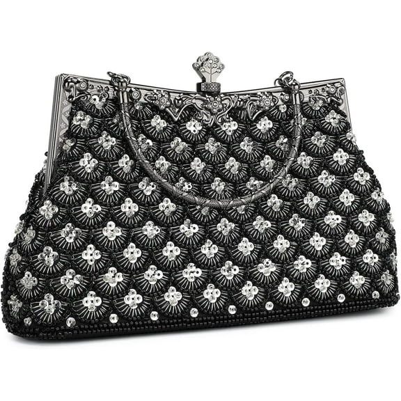 Women Vintage Floral Beaded Rhinestone Embroidery Clutch Evening Handbag Wedding Party Purse Vintage Bags