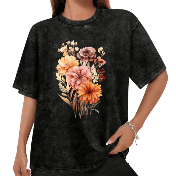 Women Vintage Floral Bouquet Graphic Tees T Shirt Tops Round Neck Printed Cotton Washed T Shirt Black S-2XL Plus Size