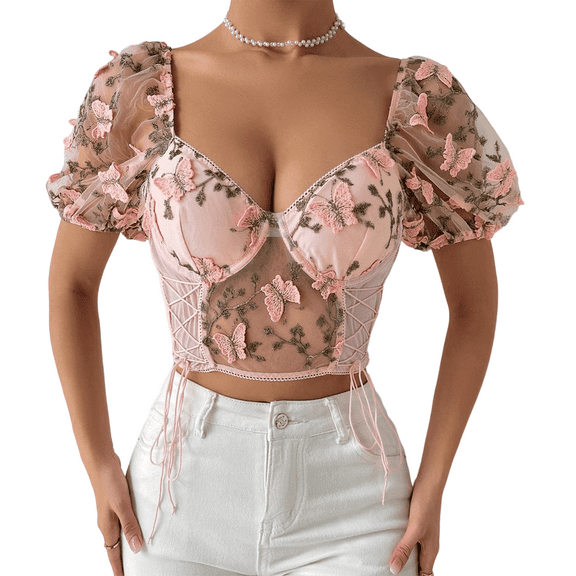 Women Vintage Floral Crop Top Summer Puff Sleeve V-Neck Bodycon T-Shirt Back Zipper Retro Bustier Corset Top