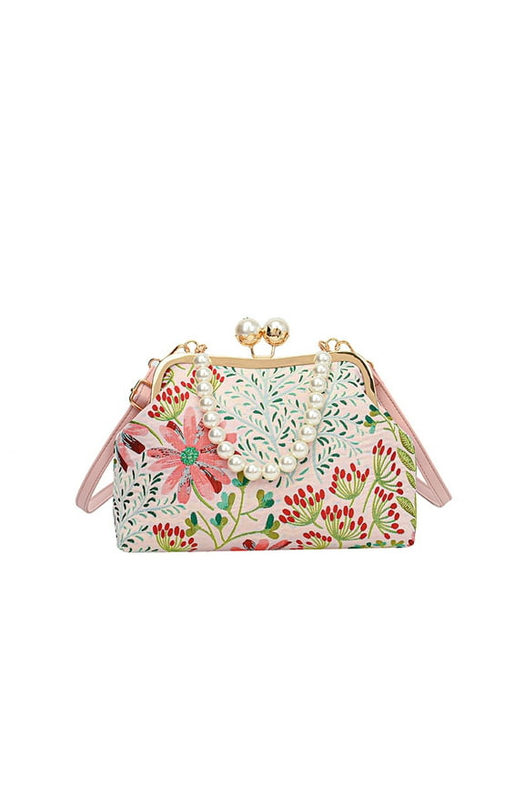 Women Vintage Floral Embroidered Kiss Lock Handbags Elegant Clutch Purse Small Pearl Top Handle Crossbody Bag