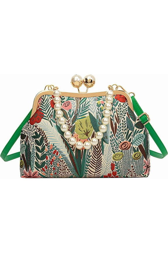 Women Vintage Floral Embroidered Kiss Lock Handbags Elegant Clutch Purse Small Pearl Top Handle Crossbody Bag