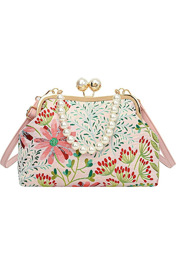 Women Vintage Floral Embroidered Top Handle Handbag Kiss Lock Elegant Clutch Purse Small Pearl Crossbody Bag