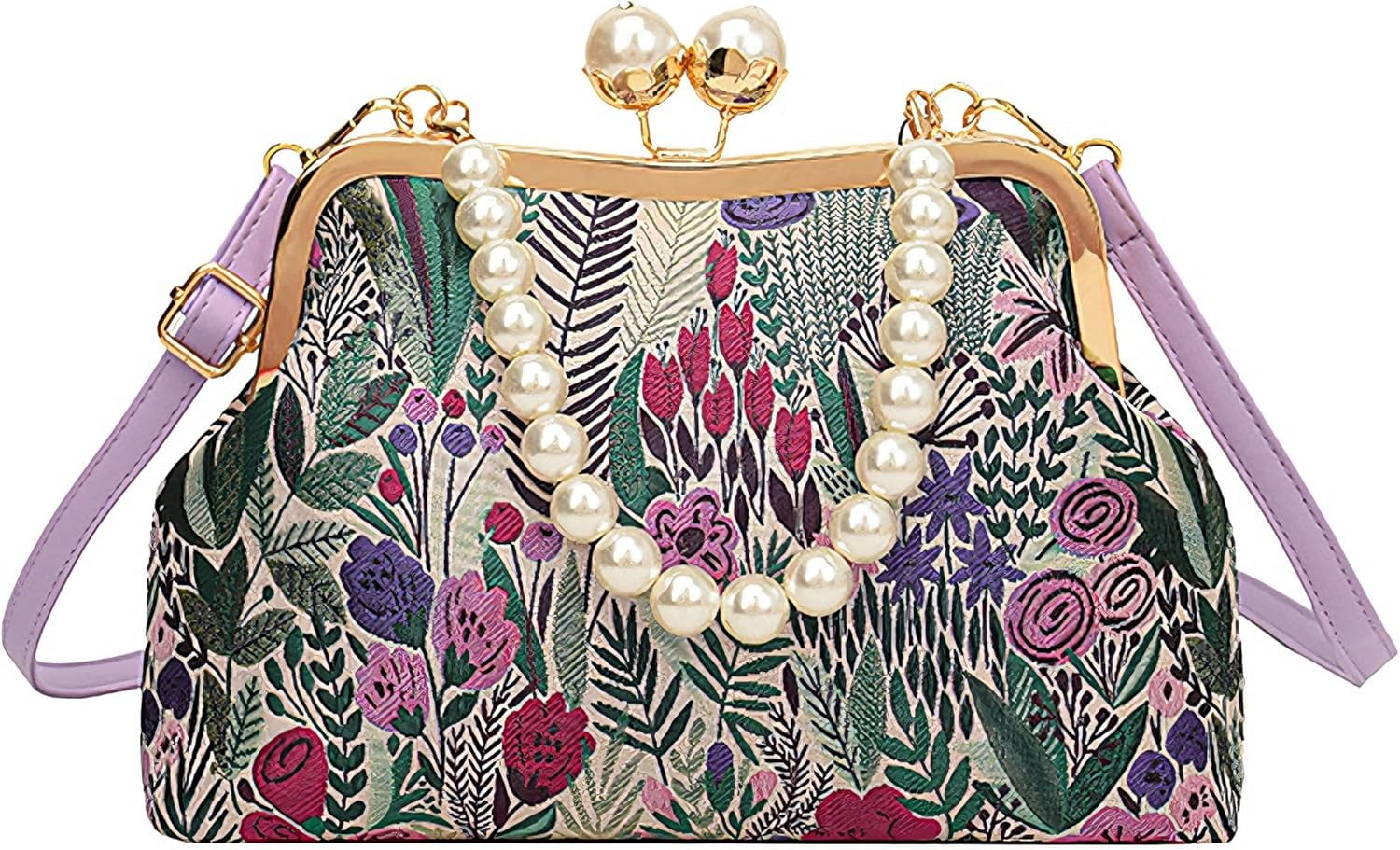 Women Vintage Floral Embroidered Top Handle Handbag Kiss Lock Elegant Clutch Purse Small Pearl Crossbody Bag