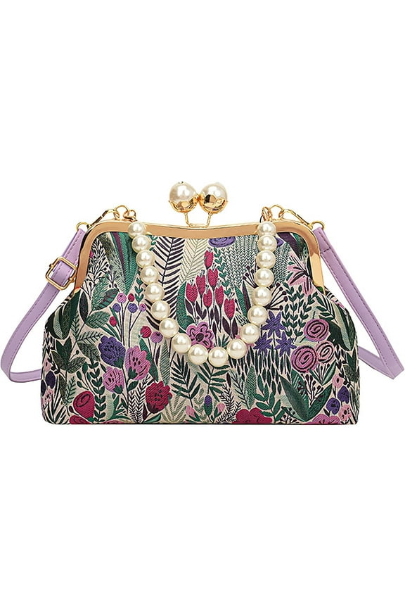 Women Vintage Floral Embroidered Top Handle Handbag Kiss Lock Elegant Clutch Purse Small Pearl Crossbody Bag