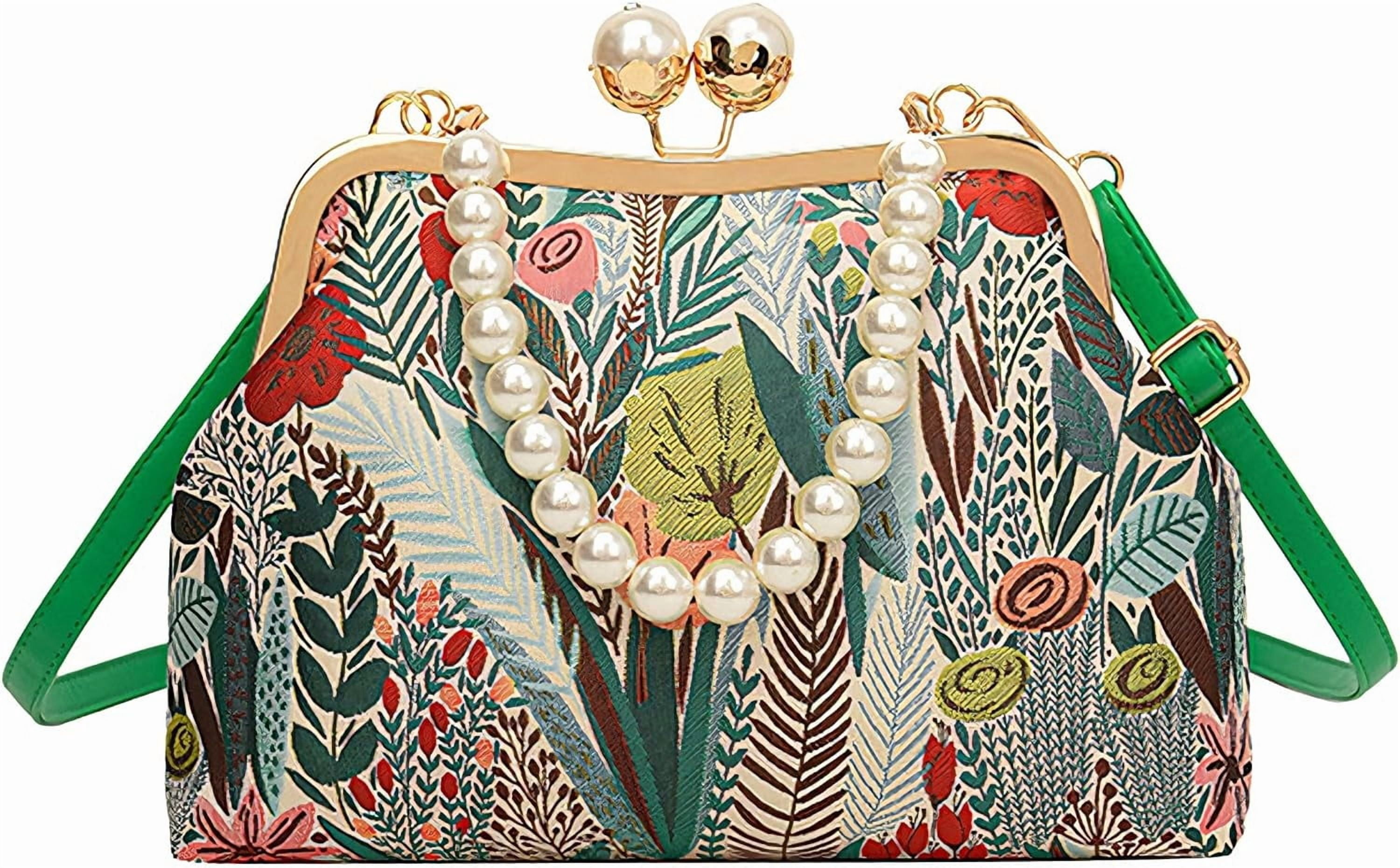 Women Vintage Floral Embroidered Top Handle Handbag Kiss Lock Elegant Clutch Purse Small Pearl Crossbody Bag