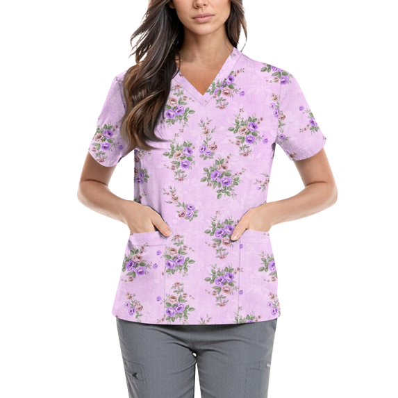 Women Vintage Floral Print Scrub Tops V Neck Short Sleeve Medical Nursing Uniform With Double Side Pockets